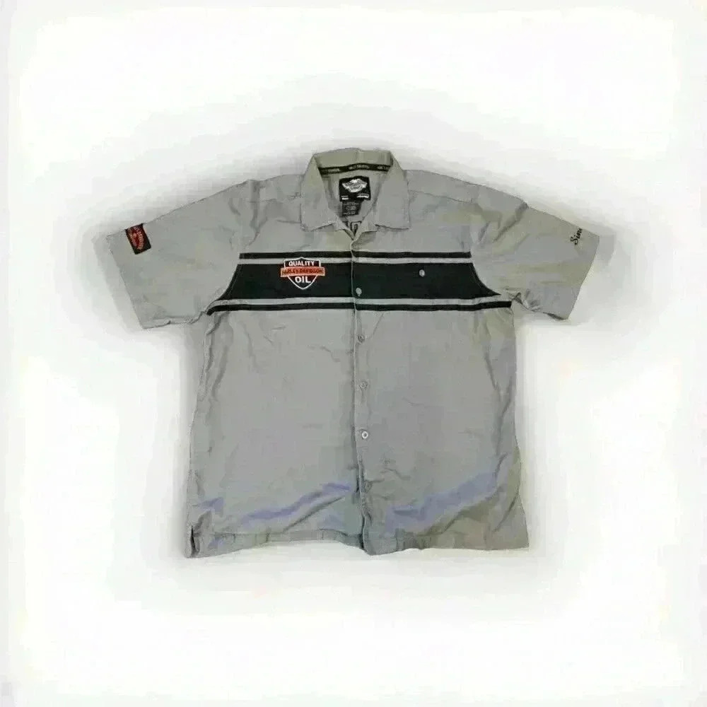 Harley Davidson Quality Oil Logo Button Up Shirt SZ XL Black Orange Motorcycle